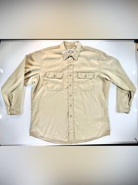 Vintage 2XL Roebucks Long Sleeve Work Shirt Beige Sears Twill Tan Brown